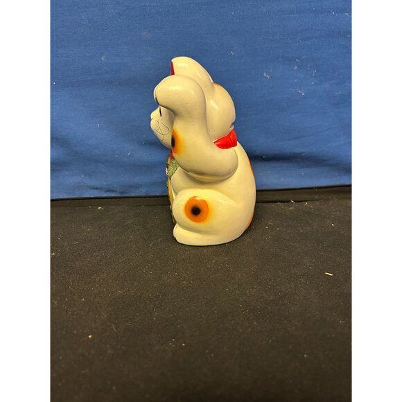 Ceramic White & Orange Maneki Neko Lucky Cat Coin Bank With Red Collar & Gold Gl - Picture 2 of 4